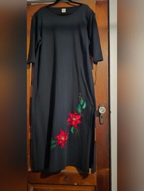 Vintage Karla Marie Black Women's Mixi Dress with Red Poinsettia Embroidery